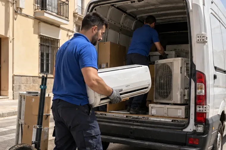 Un equipo de reparto carga un aire acondicionado usado para retirarlo al entregar el equipo nuevo equivalente.