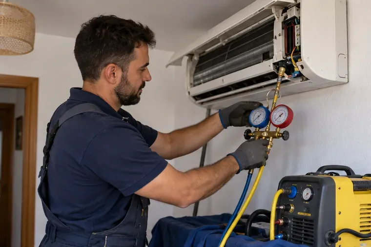 Un técnico frigorista recupera el refrigerante del circuito antes de desmontar una unidad interior de aire acondicionado split.
