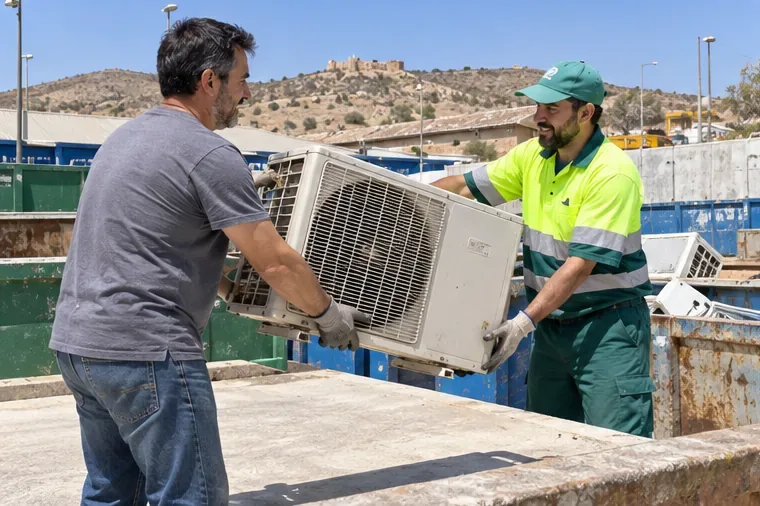 Un vecino y un operario trasladan una unidad exterior de climatización en una instalación de gestión de residuos.