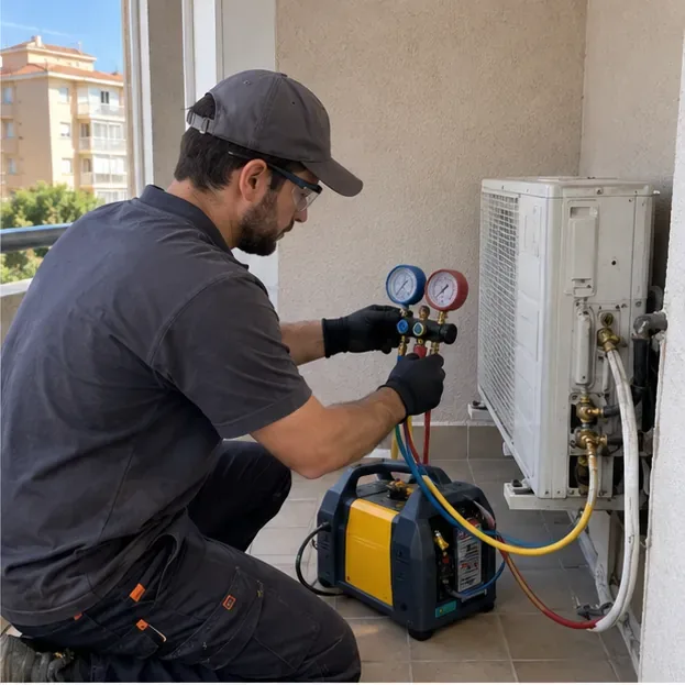 Un técnico con guantes y manómetros trabajando en la unidad exterior de un aire acondicionado durante la recuperación del refrigerante