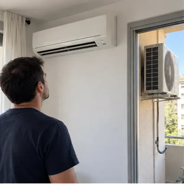 Un aire acondicionado split con unidad interior en la pared y unidad exterior instalada en un balcón, antes de su retirada