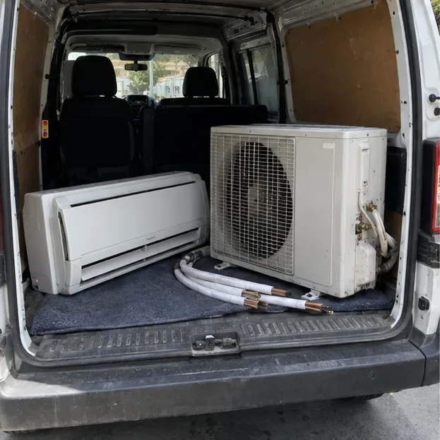 Unidad interior y unidad exterior de un aire acondicionado colocadas de forma estable en la parte trasera de una furgoneta