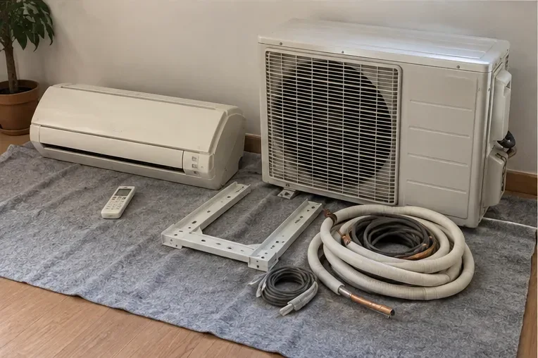 Unidad interior, unidad exterior, soportes, cableado y tuberías desmontadas y colocadas juntas sobre una protección en el suelo