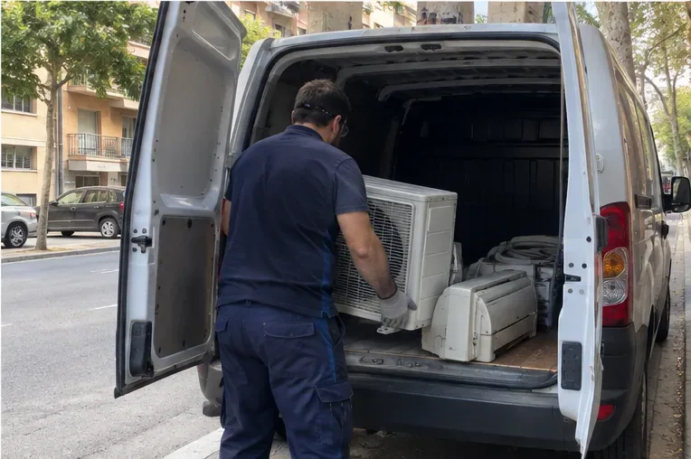 Operario cargando una unidad exterior y una unidad interior de aire acondicionado en una furgoneta de servicio