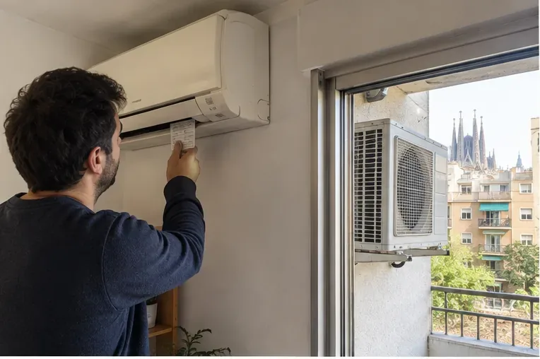 Persona revisando la etiqueta de una unidad interior de aire acondicionado instalada junto a una ventana, con la unidad exterior visible en el balcón
