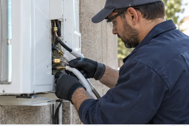 Técnico con guantes trabajando en las conexiones frigoríficas de una unidad exterior de aire acondicionado