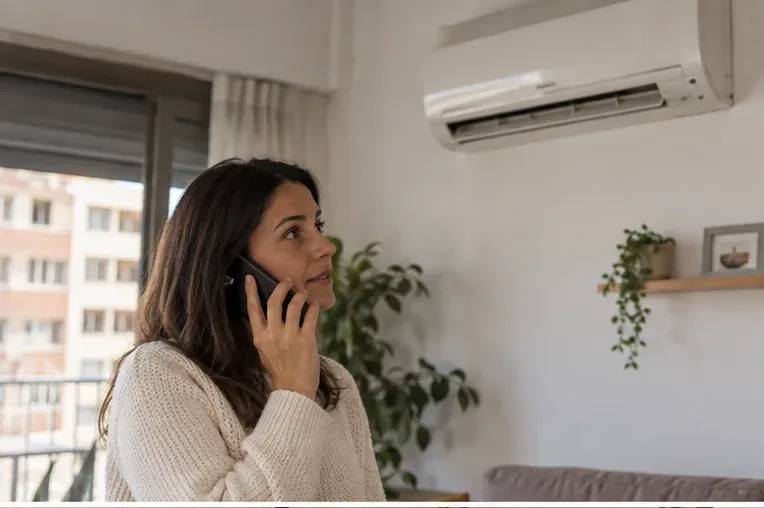 Persona llamando por teléfono desde una vivienda mientras observa un aire acondicionado split instalado en la pared
