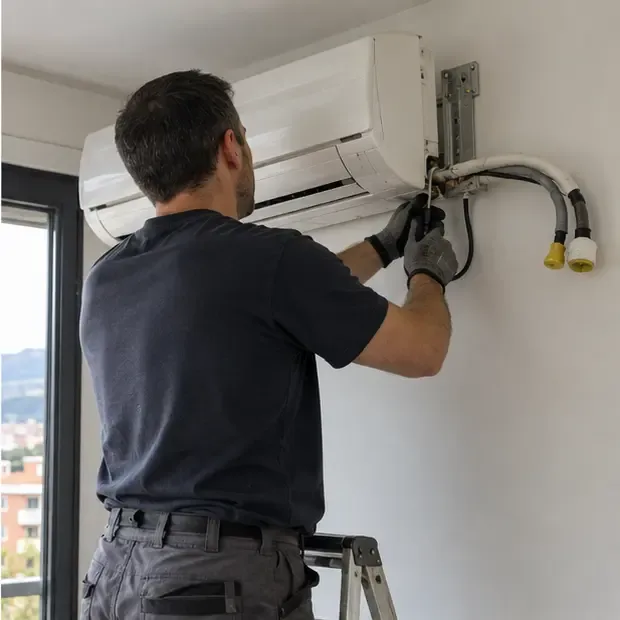 Técnico con guantes trabajando en la conexión de una unidad interior de aire acondicionado split