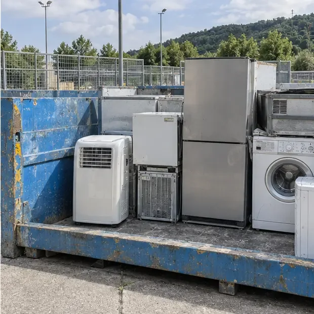 Zona exterior de gestión de residuos con un aire acondicionado portátil junto a otros electrodomésticos