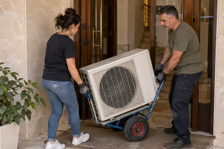 Dos personas trasladando una unidad exterior de aire acondicionado en una carretilla por la entrada de un edificio