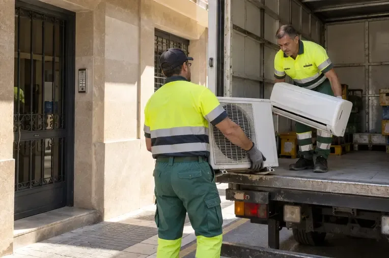 Trabajadores municipales recibiendo una unidad exterior y una unidad interior de aire acondicionado junto a un vehículo de recogida