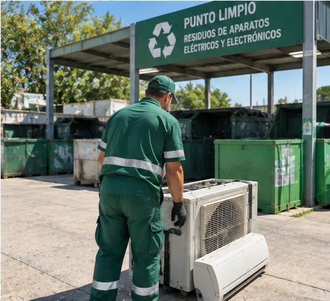 Trabajador recibiendo las dos unidades de un aire acondicionado en una zona de punto limpio para aparatos eléctricos