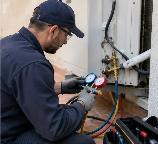 Técnico trabajando con manómetros y mangueras en la unidad exterior de un aire acondicionado