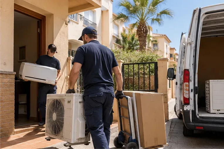 Dos operarios retiran las unidades interior y exterior de un aire acondicionado y las trasladan hacia una furgoneta
