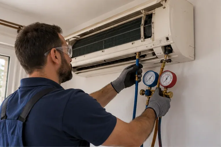 Técnico con gafas y guantes utilizando manómetros en un aire acondicionado de pared