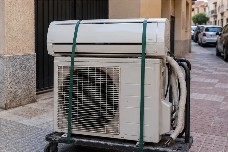 Unidad interior y unidad exterior de un aire acondicionado sujetas sobre una plataforma con las tuberías recogidas