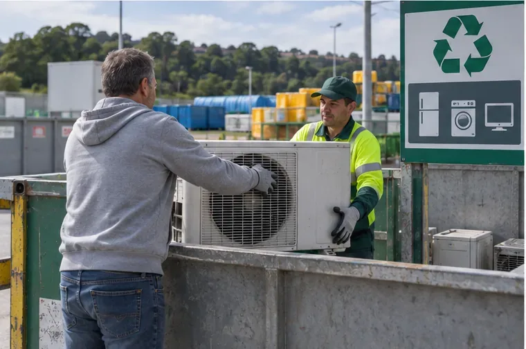 Persona entregando una unidad exterior de aire acondicionado a un trabajador en un punto de reciclaje
