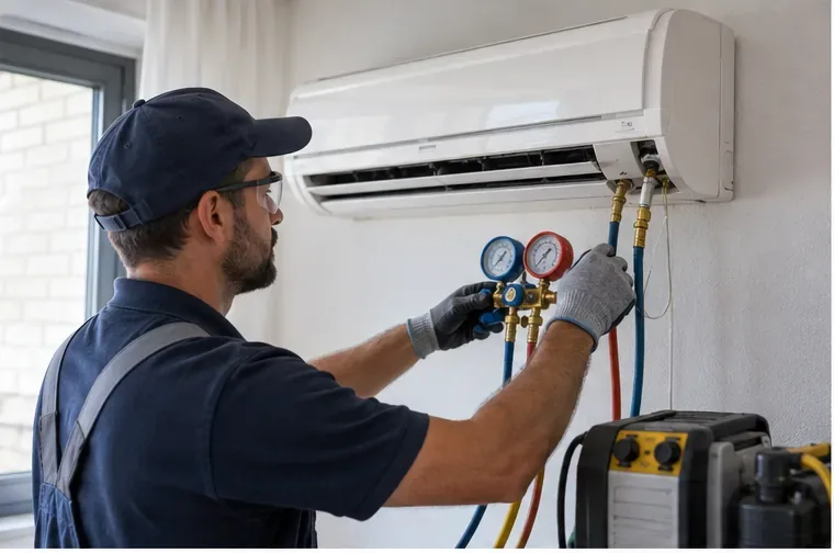 Técnico con manómetros y equipo de recuperación trabajando en una unidad interior de aire acondicionado