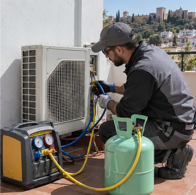 Un técnico de climatización utiliza un equipo de recuperación y una botella para retirar refrigerante de una unidad exterior