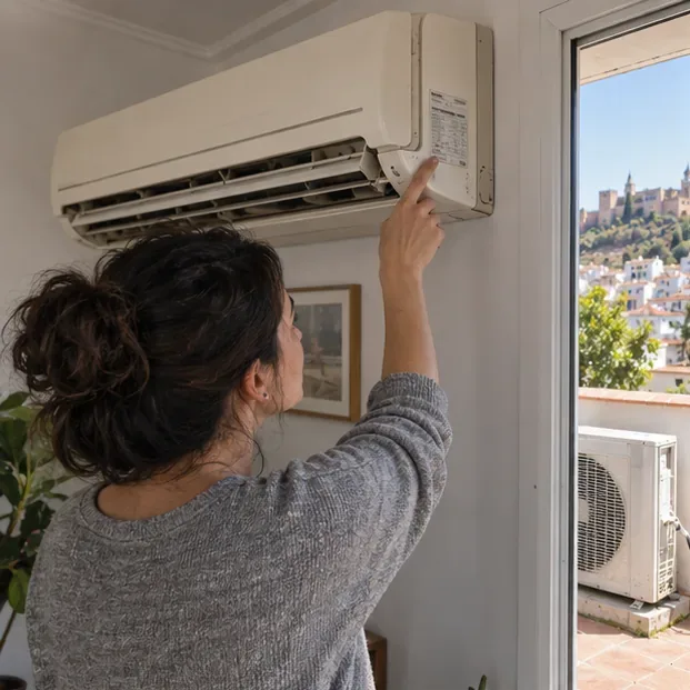 Una persona consulta la placa de un aire acondicionado de pared mientras la unidad exterior se ve a través de la ventana