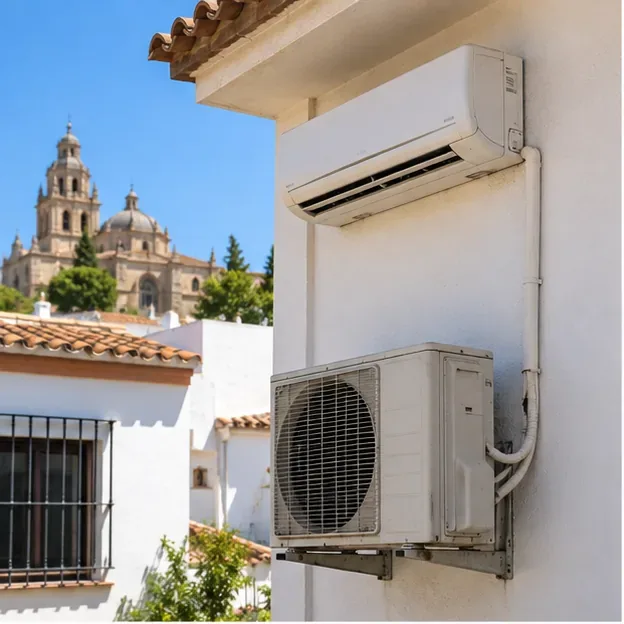 Aire acondicionado tipo split instalado en una vivienda, con unidad interior y condensadora exterior visibles