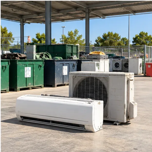 Unidad interior y condensadora exterior de aire acondicionado depositadas juntas en una instalación de reciclaje