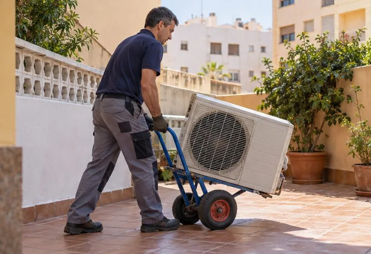 Un técnico traslada una unidad exterior de aire acondicionado intacta sobre una carretilla.