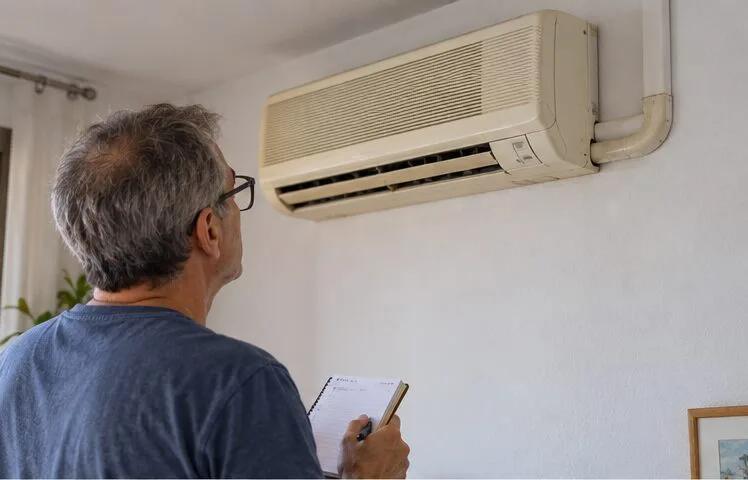 Un vecino anota información mientras observa un aire acondicionado de pared todavía instalado.