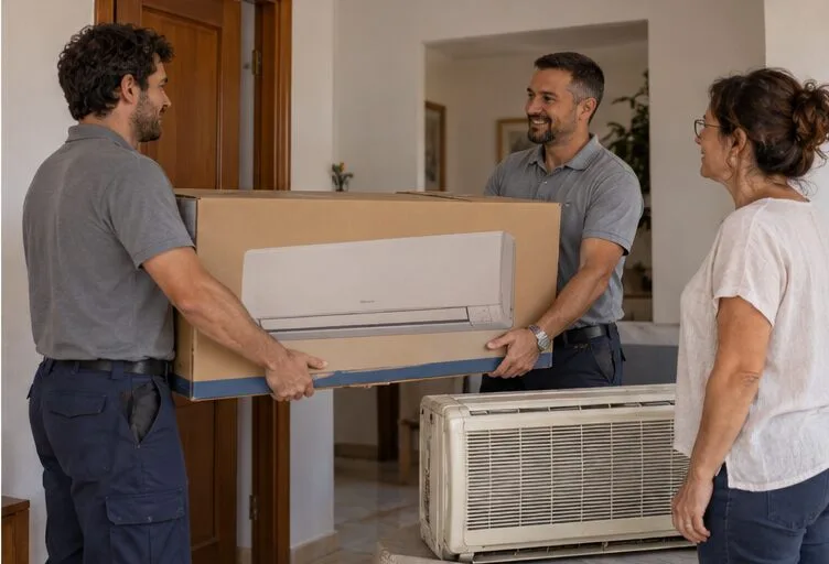 Dos repartidores sostienen un aparato nuevo mientras una unidad de aire acondicionado usada espera su retirada.