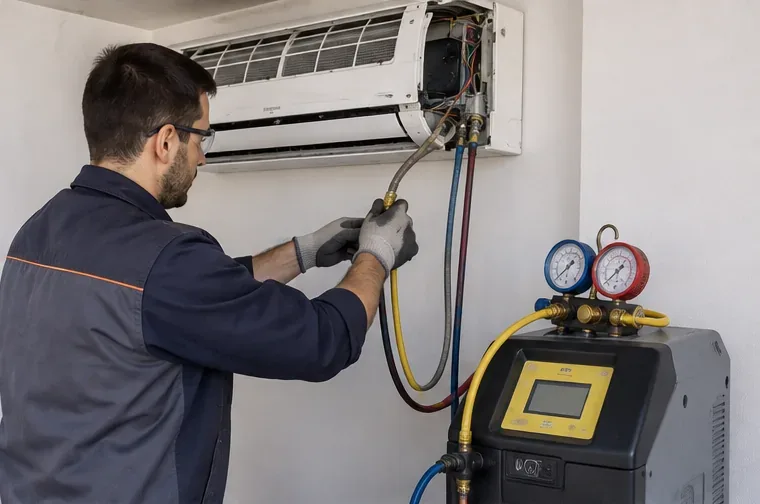 Un técnico de climatización trabaja en una unidad de aire acondicionado con equipo de recuperación y manómetros conectados al circuito