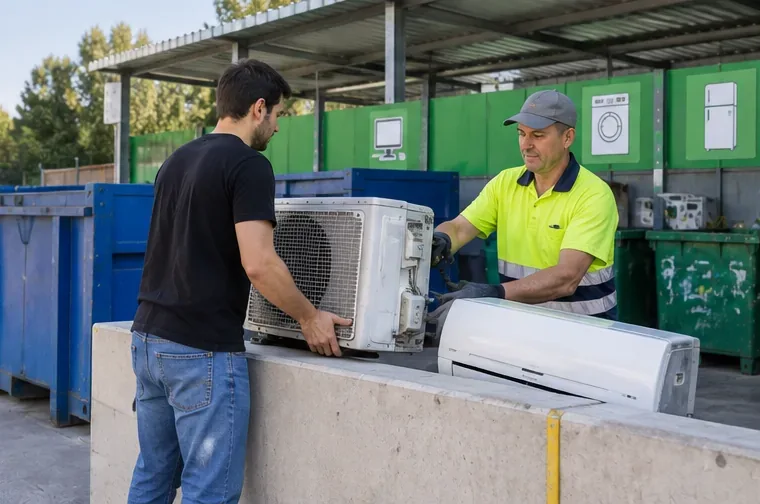 Un particular entrega las unidades de un aire acondicionado desmontado a un trabajador en una instalación de recogida de residuos eléctricos