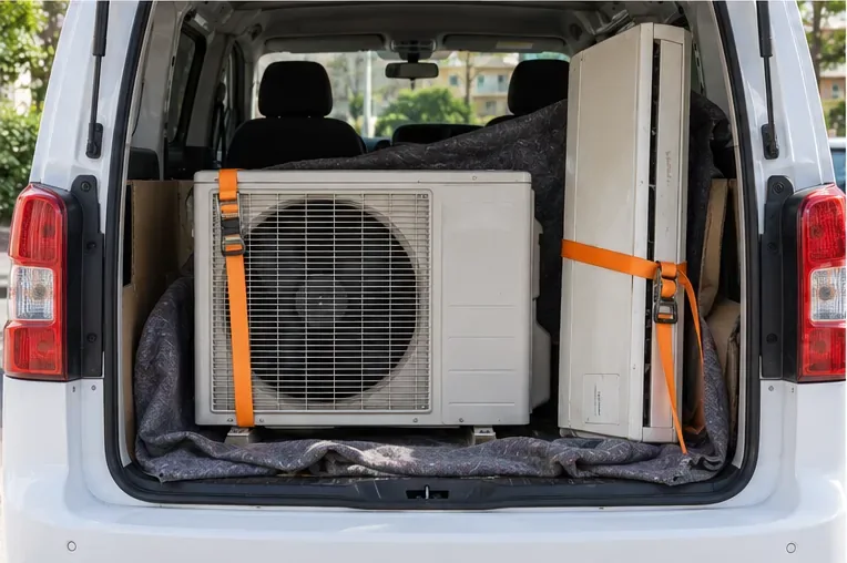 Unidad exterior e interior de un aire acondicionado sujetas con cinchas y protegidas dentro de una furgoneta