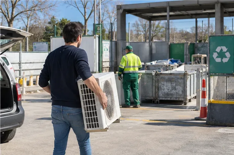 Persona transportando una unidad exterior de aire acondicionado hacia una zona de entrega de residuos eléctricos en un centro de reciclaje