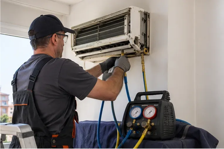 Técnico trabajando en la unidad interior de un aire acondicionado con herramientas y equipo de servicio frigorífico