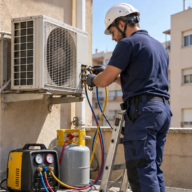 Un técnico de climatización con casco conecta una máquina de recuperación y una botella al circuito de una unidad exterior de aire acondicionado.
