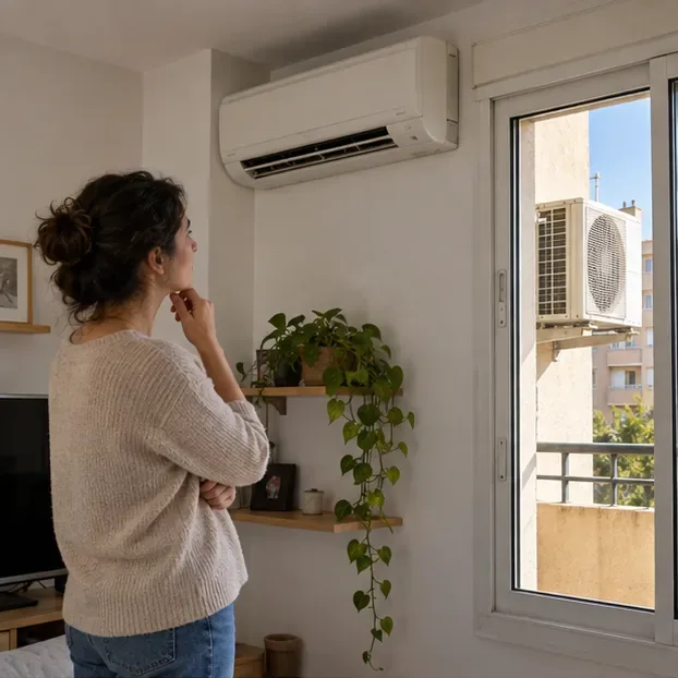 Una residente observa el split de pared y la unidad exterior de aire acondicionado a través de la ventana para identificar el tipo de equipo.