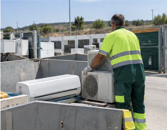 Trabajador de un centro de residuos colocando unidades de aire acondicionado en una zona de recepción de aparatos