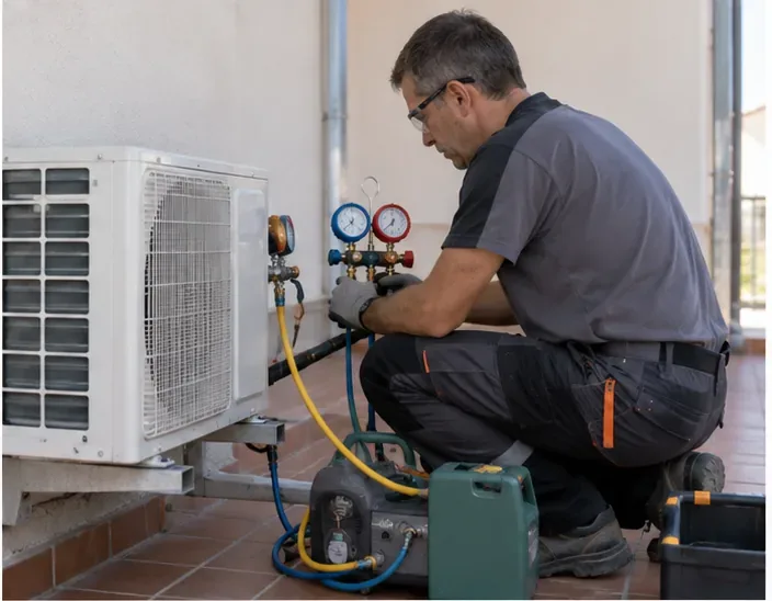 Técnico de climatización trabajando en una unidad exterior con manómetros y equipo de recuperación