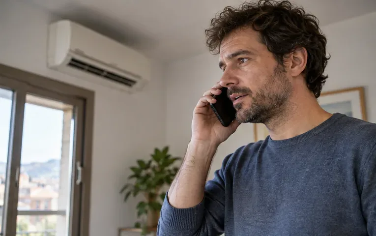 Un vecino consulta por teléfono cómo entregar un aire acondicionado usado; se ve una unidad interior instalada detrás de él.