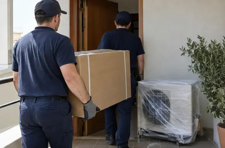Personal de reparto transportando una caja de aire acondicionado nuevo mientras la unidad antigua está protegida aparte