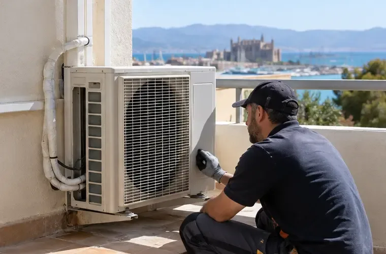 Técnico revisando una unidad exterior de aire acondicionado instalada en una terraza mediterránea