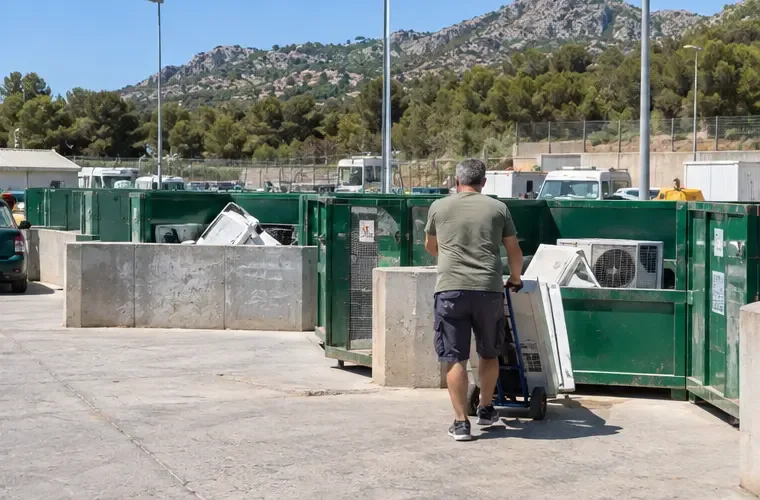 Residente llevando una unidad de aire acondicionado en una carretilla hacia una zona verde de gestión de residuos