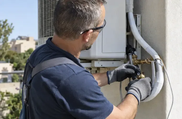 Técnico con guantes trabajando de forma controlada en las conexiones de refrigerante de una unidad exterior