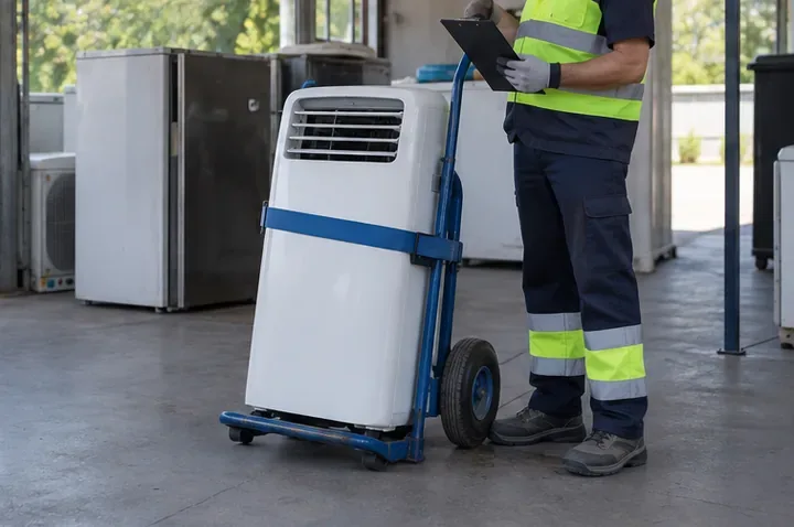 Aire acondicionado portátil sujeto con una correa a una carretilla, junto a un operario con chaleco reflectante y una carpeta.