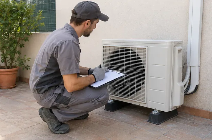 Técnico con guantes tomando notas junto a una unidad exterior de aire acondicionado apoyada en soportes bajos.