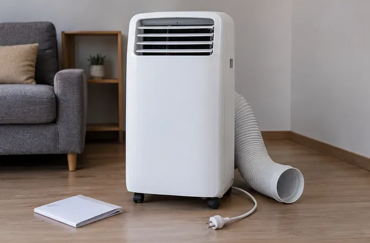 Aire acondicionado portátil blanco sobre ruedas, con el enchufe en el suelo, un tubo flexible y un manual a su lado.