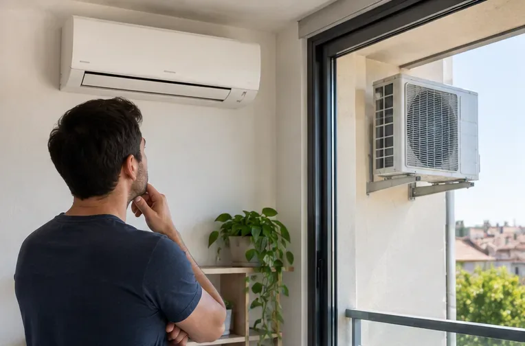 Persona observando un equipo de aire acondicionado split instalado, con unidad interior y unidad exterior visibles