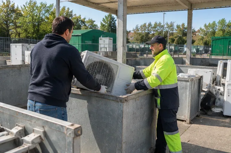 Trabajador de un punto limpio ayudando a depositar una unidad exterior de aire acondicionado en un contenedor de aparatos eléctricos
