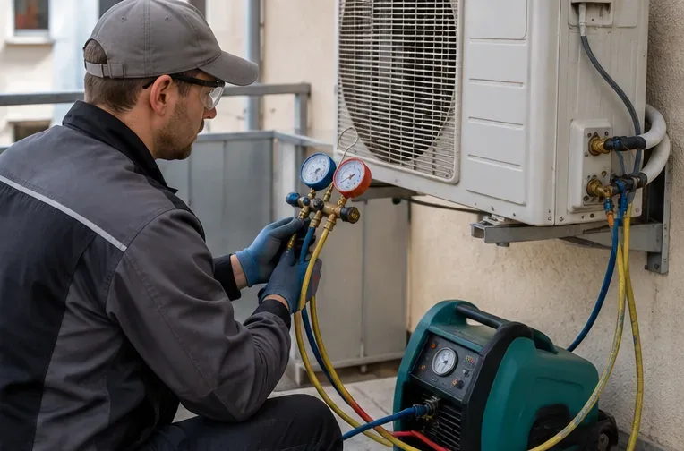Técnico de climatización trabajando en la unidad exterior con manómetros y equipo de recuperación conectado