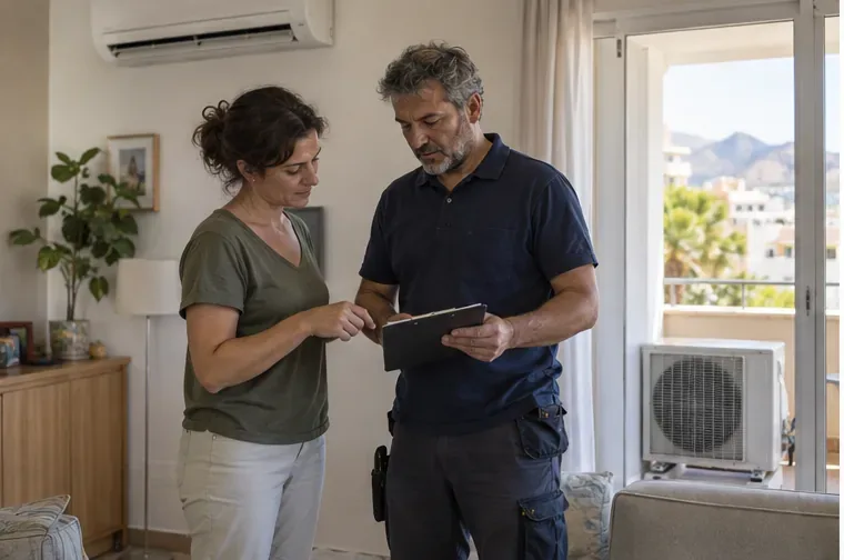 Una residente y un profesional consultan una tableta junto a una unidad exterior de climatización